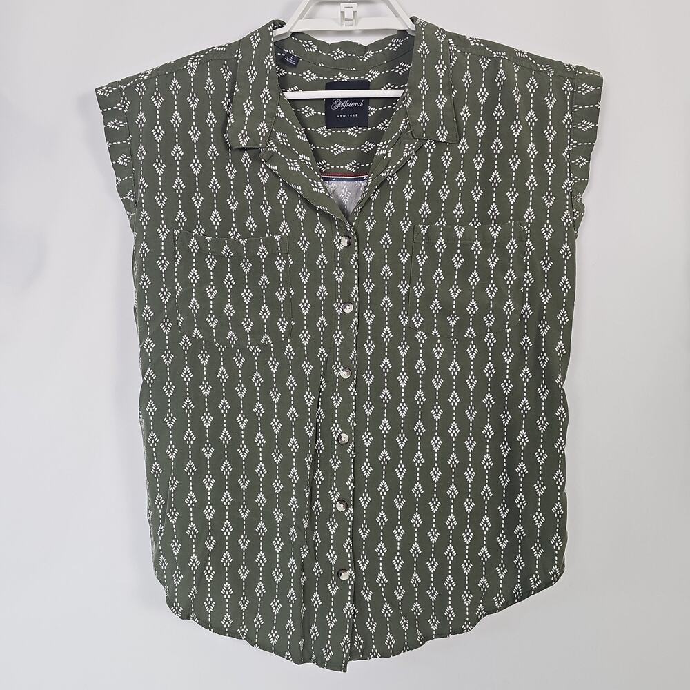 Jachs Girlfriend Rayon Shirt L Large Olive Green Geometric Boho Sleeveless Butto